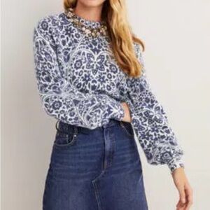 Boden Blouson Sleeve Fluffy Wool Alpaca Blend Sweater Blue Floral Print Sz 14